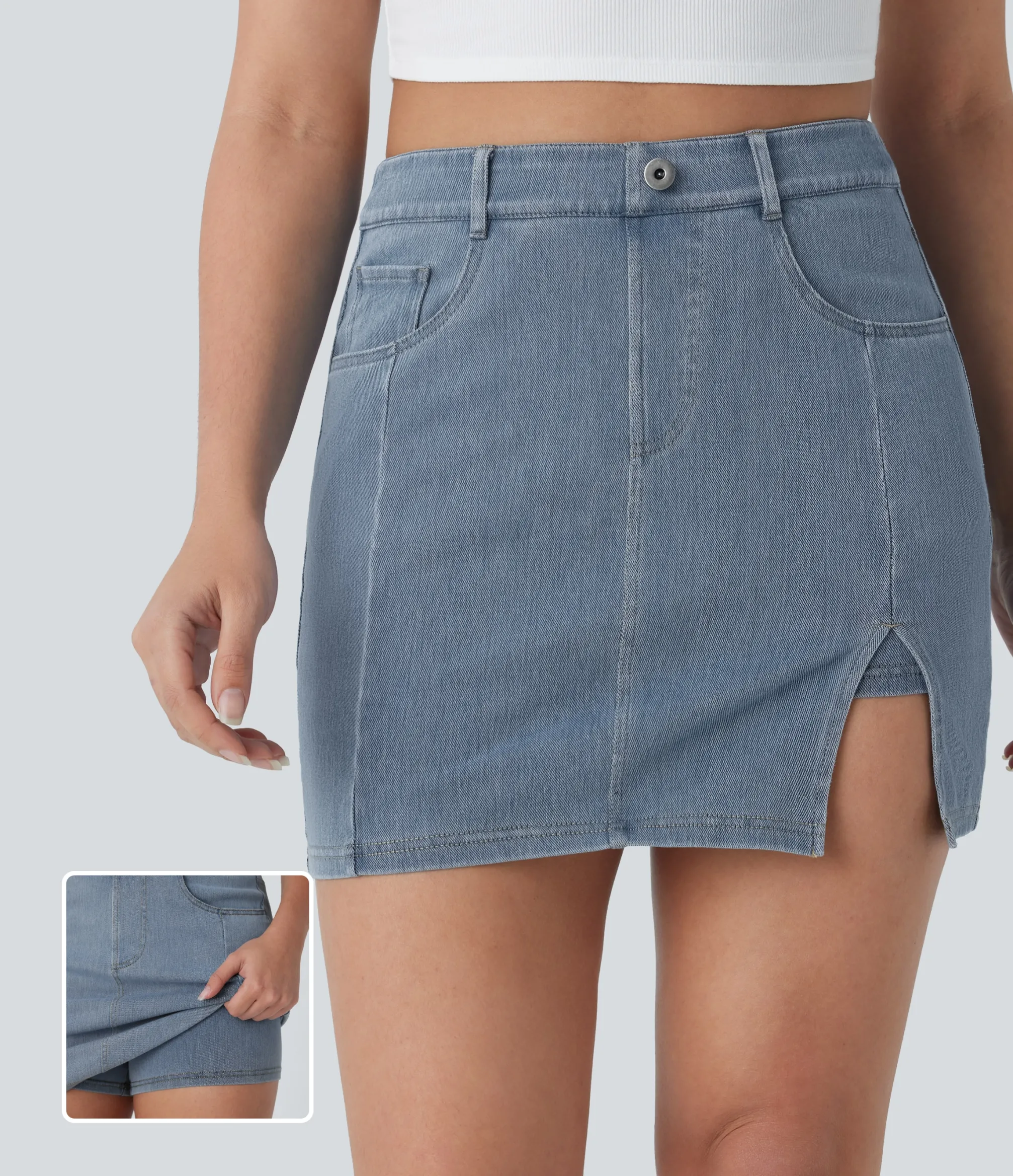 Denim Skirts|Mini Skirts<HALARA Flex™ High Waisted Pockets 2-in-1 Bodycon Mini Washed Denim Casual Skirt