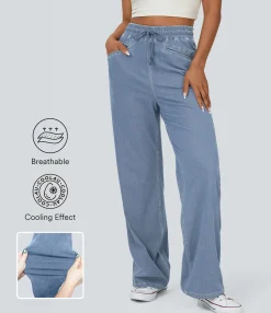 Wide Leg Jeans|High Waisted Jeans<HALARA Flex™ High Waisted Drawstring Pocket Cool Touch Breathable Washed Wide Leg Casual Jeans