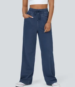 Wide Leg Jeans|High Waisted Jeans<HALARA Flex™ High Waisted Drawstring Pocket Cool Touch Breathable Washed Wide Leg Casual Jeans