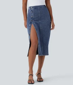 Denim Skirts|Maxi & Midi Skirts<HALARA Flex™ High Waisted Washed Denim Midi Casual Skirt