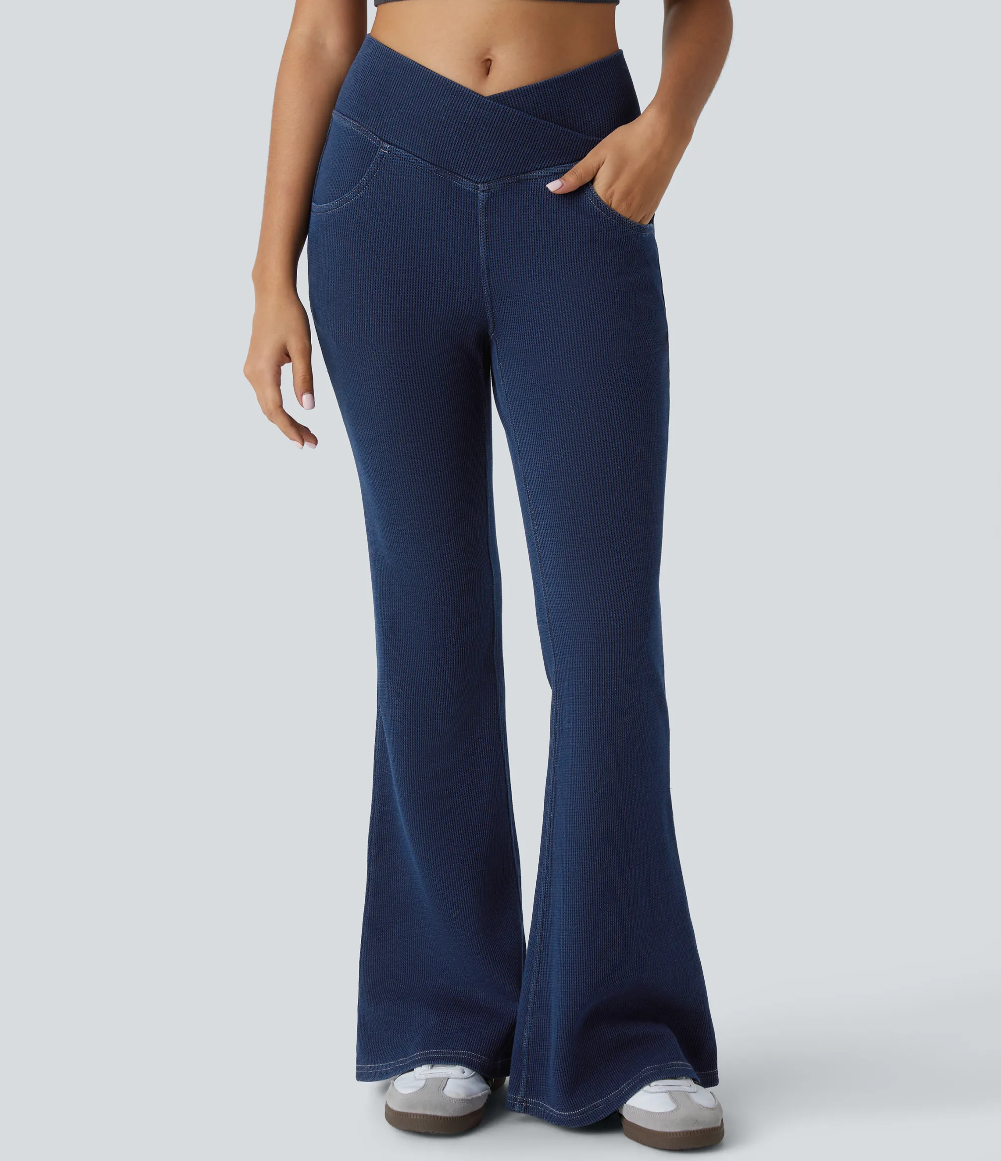 High Waisted Jeans|Skinny Jeans<HALARA Flex™ High Waisted Crossover Pockets Waffle Casual Flare Jeans