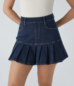 Denim Skirts|Mini Skirts<HALARA Flex™ High Waisted Pockets Pleated Mini Washed Denim Casual Skirt