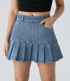 Denim Skirts|Mini Skirts<HALARA Flex™ High Waisted Pockets Pleated Mini Washed Denim Casual Skirt