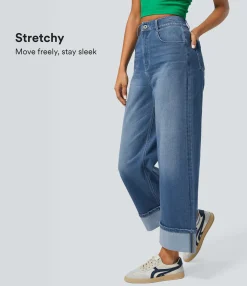High Waisted Jeans|Wide Leg Jeans<HALARA Flex™ High Waisted Pockets Rolled Hem Wide Leg Washed Casual Jeans