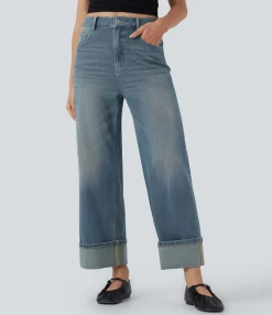 High Waisted Jeans|Wide Leg Jeans<HALARA Flex™ High Waisted Pockets Rolled Hem Wide Leg Washed Casual Jeans