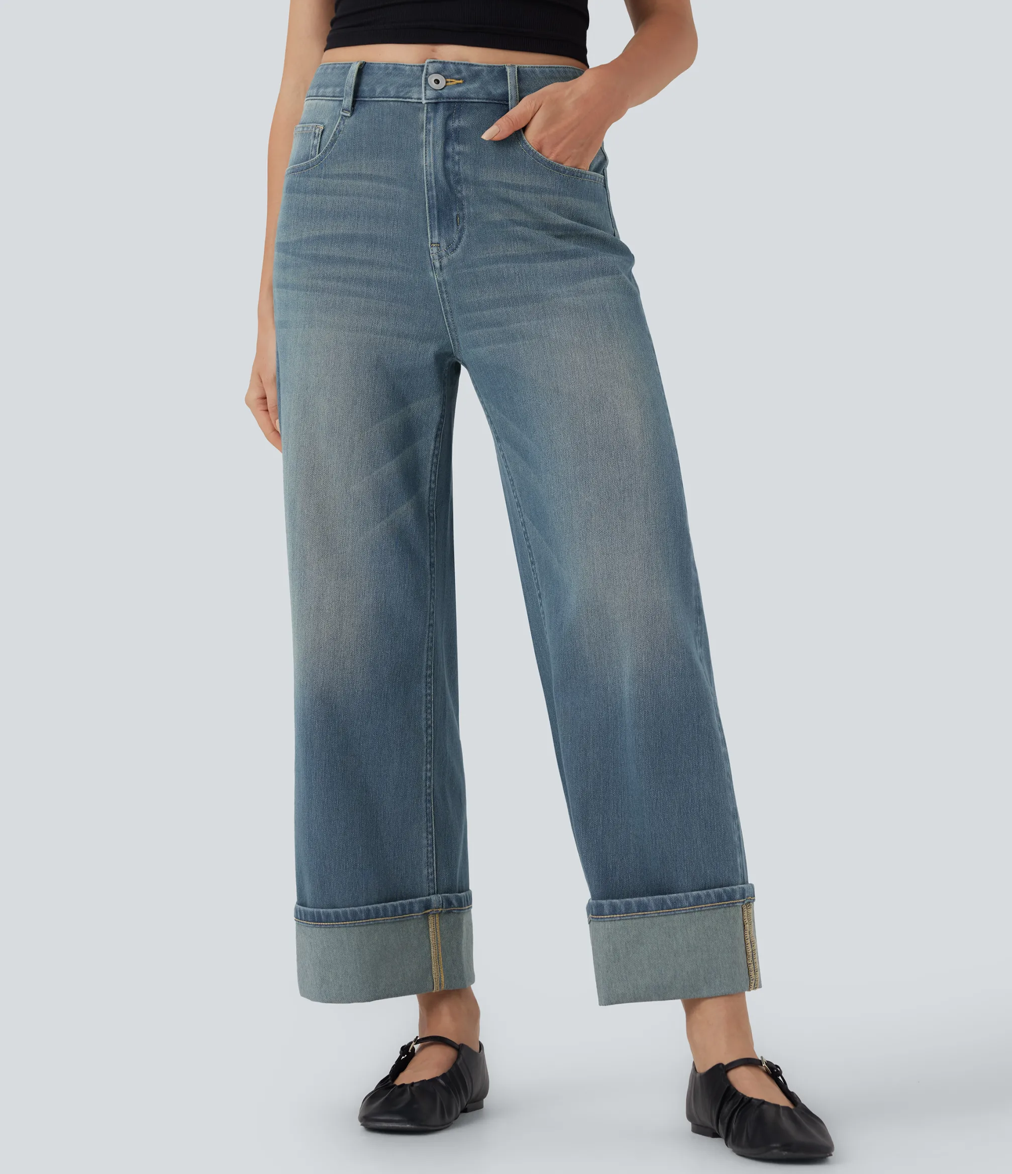 High Waisted Jeans|Wide Leg Jeans<HALARA Flex™ High Waisted Pockets Rolled Hem Wide Leg Washed Casual Jeans