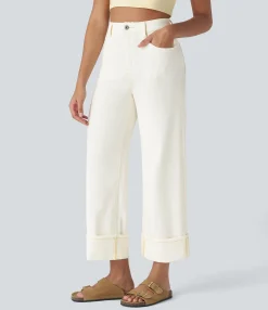 High Waisted Jeans|Wide Leg Jeans<HALARA Flex™ High Waisted Pockets Rolled Hem Wide Leg Washed Casual Jeans