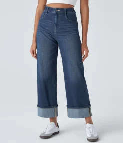 High Waisted Jeans|Wide Leg Jeans<HALARA Flex™ High Waisted Pockets Rolled Hem Wide Leg Washed Casual Jeans