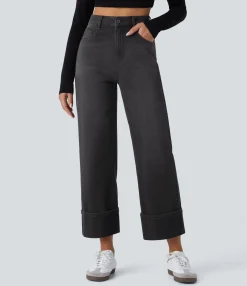 High Waisted Jeans|Wide Leg Jeans<HALARA Flex™ High Waisted Pockets Rolled Hem Wide Leg Washed Casual Jeans