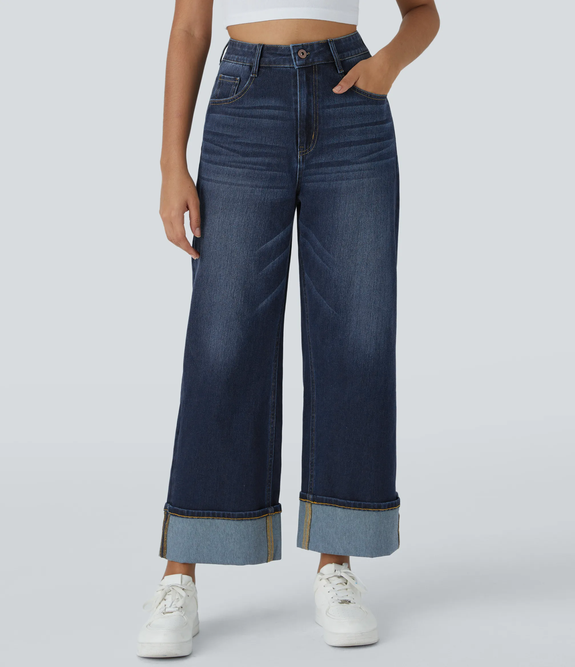 High Waisted Jeans|Wide Leg Jeans<HALARA Flex™ High Waisted Pockets Rolled Hem Wide Leg Washed Casual Jeans