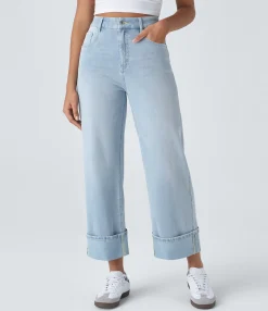 High Waisted Jeans|Wide Leg Jeans<HALARA Flex™ High Waisted Pockets Rolled Hem Wide Leg Washed Casual Jeans