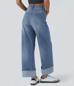 High Waisted Jeans|Wide Leg Jeans<HALARA Flex™ High Waisted Pockets Rolled Hem Wide Leg Washed Casual Jeans