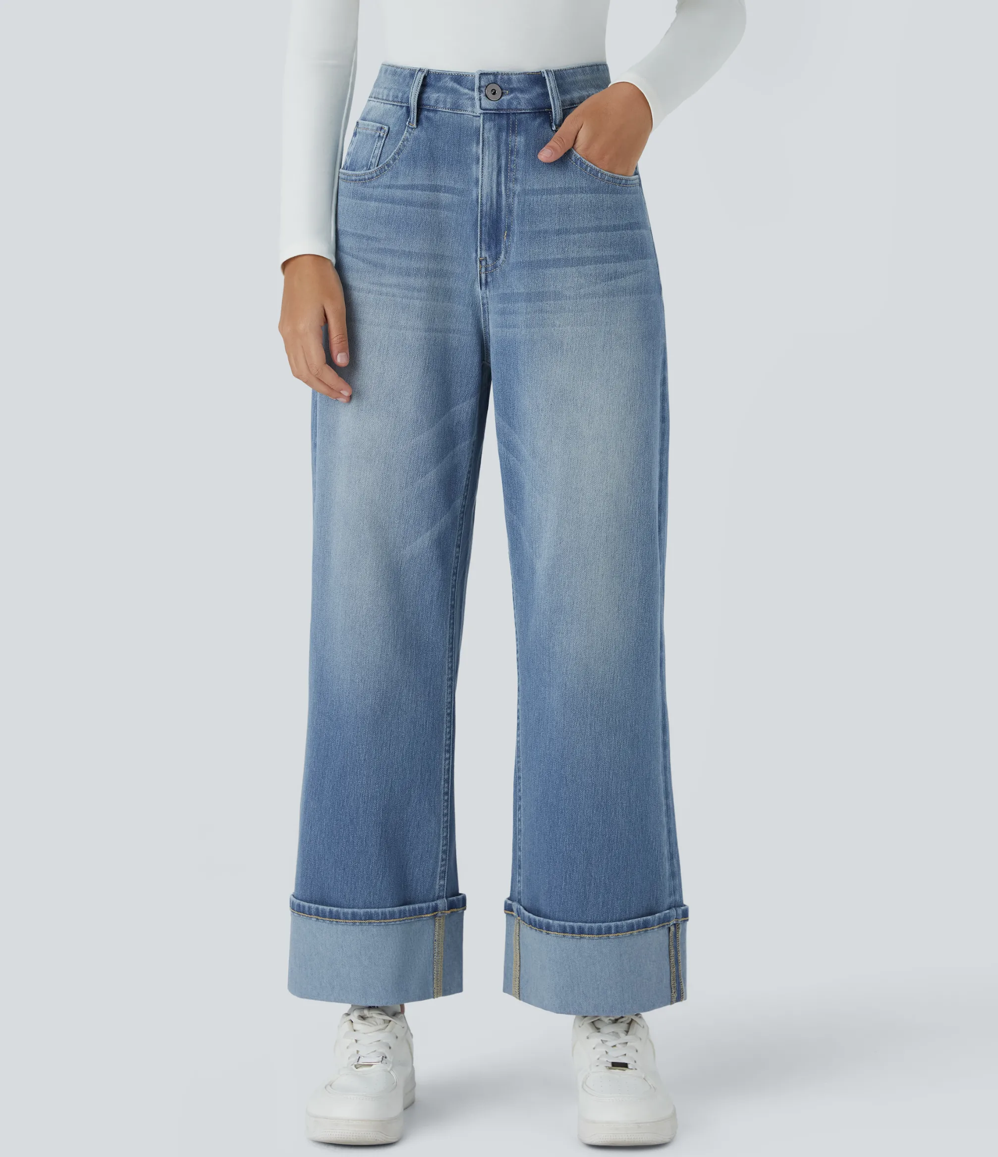 High Waisted Jeans|Wide Leg Jeans<HALARA Flex™ High Waisted Pockets Rolled Hem Wide Leg Washed Casual Jeans
