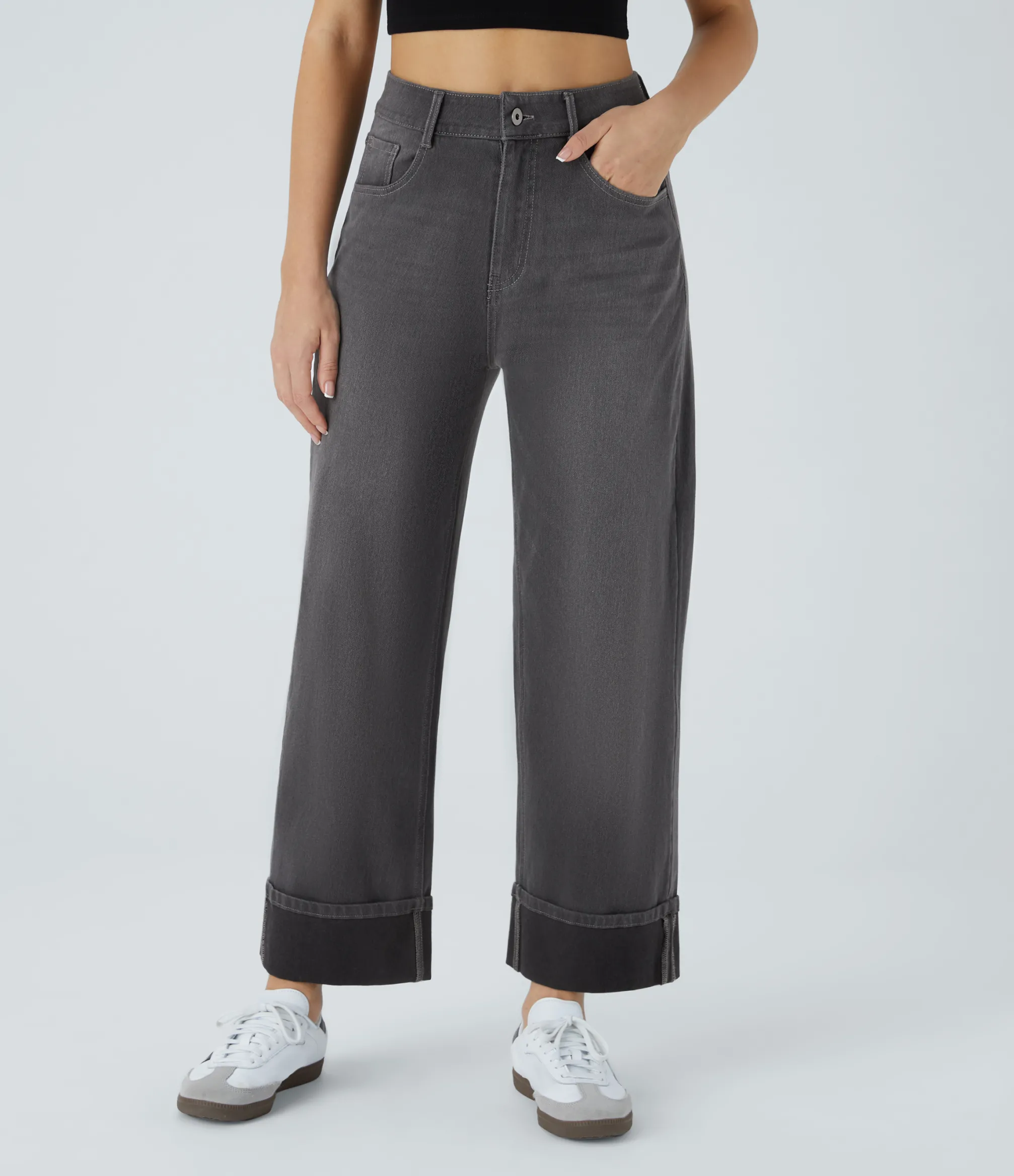 High Waisted Jeans|Wide Leg Jeans<HALARA Flex™ High Waisted Pockets Rolled Hem Wide Leg Washed Casual Jeans
