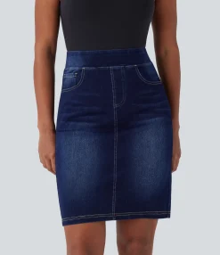 Denim Skirts|Denim Skirts<HALARA Flex™ High Waisted Pockets Washed Denim Casual Skirt