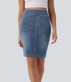Denim Skirts|Denim Skirts<HALARA Flex™ High Waisted Pockets Washed Denim Casual Skirt