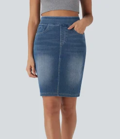 Denim Skirts|Denim Skirts<HALARA Flex™ High Waisted Pockets Washed Denim Casual Skirt