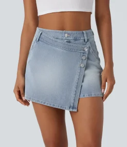 Denim Skirts|Denim Skirts<HALARA Flex™ High Waisted Pockets Wrapped Washed Denim Casual Skort