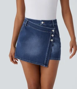 Denim Skirts|Denim Skirts<HALARA Flex™ High Waisted Pockets Wrapped Washed Denim Casual Skort
