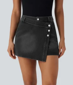 Denim Skirts|Denim Skirts<HALARA Flex™ High Waisted Pockets Wrapped Washed Denim Casual Skort