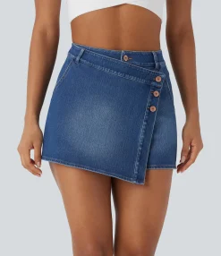 Denim Skirts|Denim Skirts<HALARA Flex™ High Waisted Pockets Wrapped Washed Denim Casual Skort