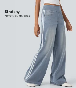 High Waisted Jeans|Wide Leg Jeans<HALARA Flex™ High Waisted Stripe Wide Leg Flowy Washed Casual Jeans with Pockets
