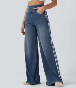 High Waisted Jeans|Wide Leg Jeans<HALARA Flex™ High Waisted Stripe Wide Leg Flowy Washed Casual Jeans with Pockets