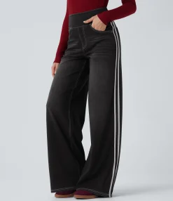 High Waisted Jeans|Wide Leg Jeans<HALARA Flex™ High Waisted Stripe Wide Leg Flowy Washed Casual Jeans with Pockets