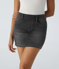 Denim Skirts|Maxi & Midi Skirts<HALARA Flex™ High Waisted Pockets Bodycon Mini Washed Denim Casual Skirt
