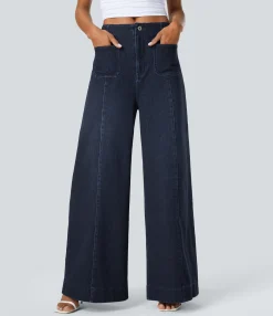 High Waisted Jeans|Wide Leg Jeans<HALARA Flex™ High Waisted Pockets Washed Casual Wide Leg Jeans