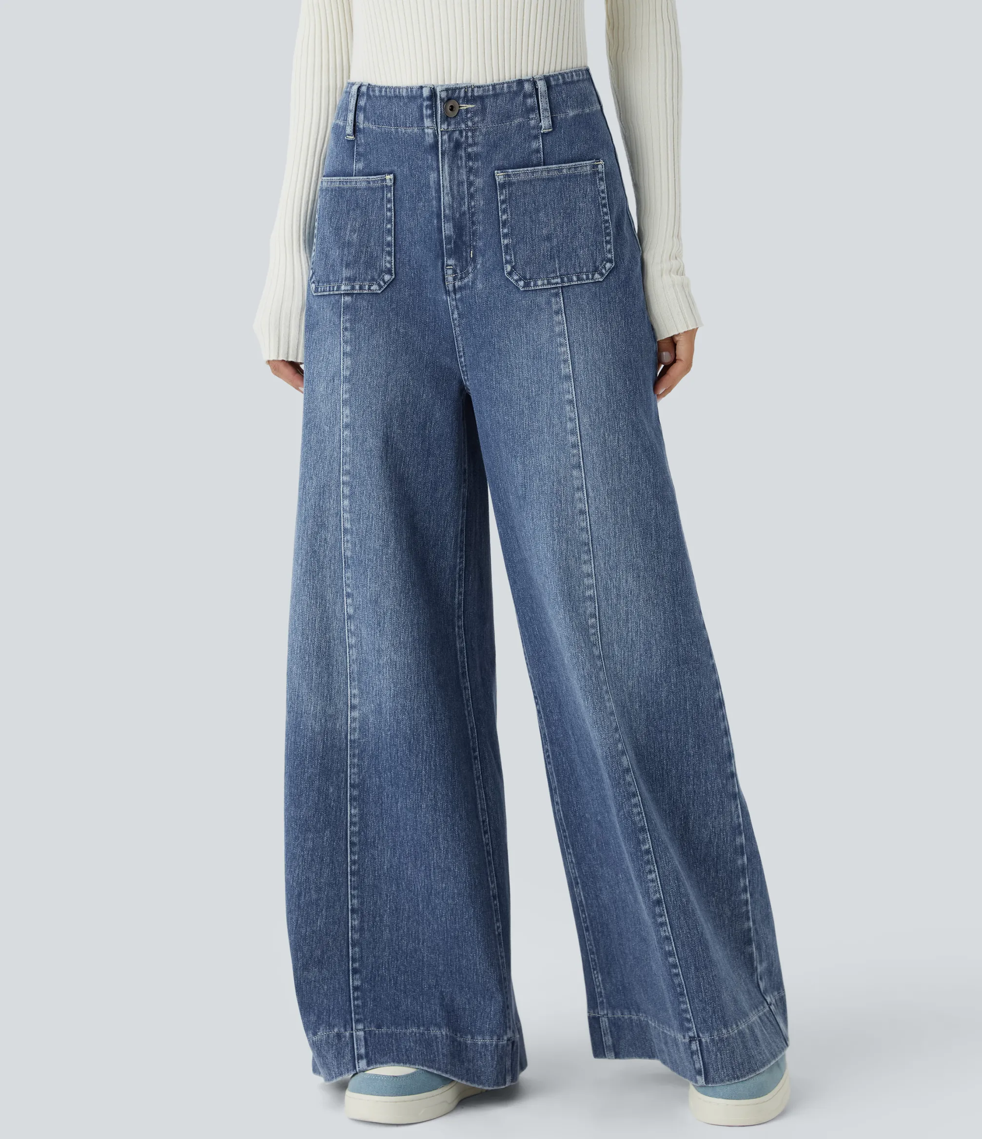 High Waisted Jeans|Wide Leg Jeans<HALARA Flex™ High Waisted Pockets Washed Casual Wide Leg Jeans
