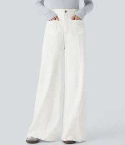 High Waisted Jeans|Wide Leg Jeans<HALARA Flex™ High Waisted Pockets Washed Casual Wide Leg Jeans