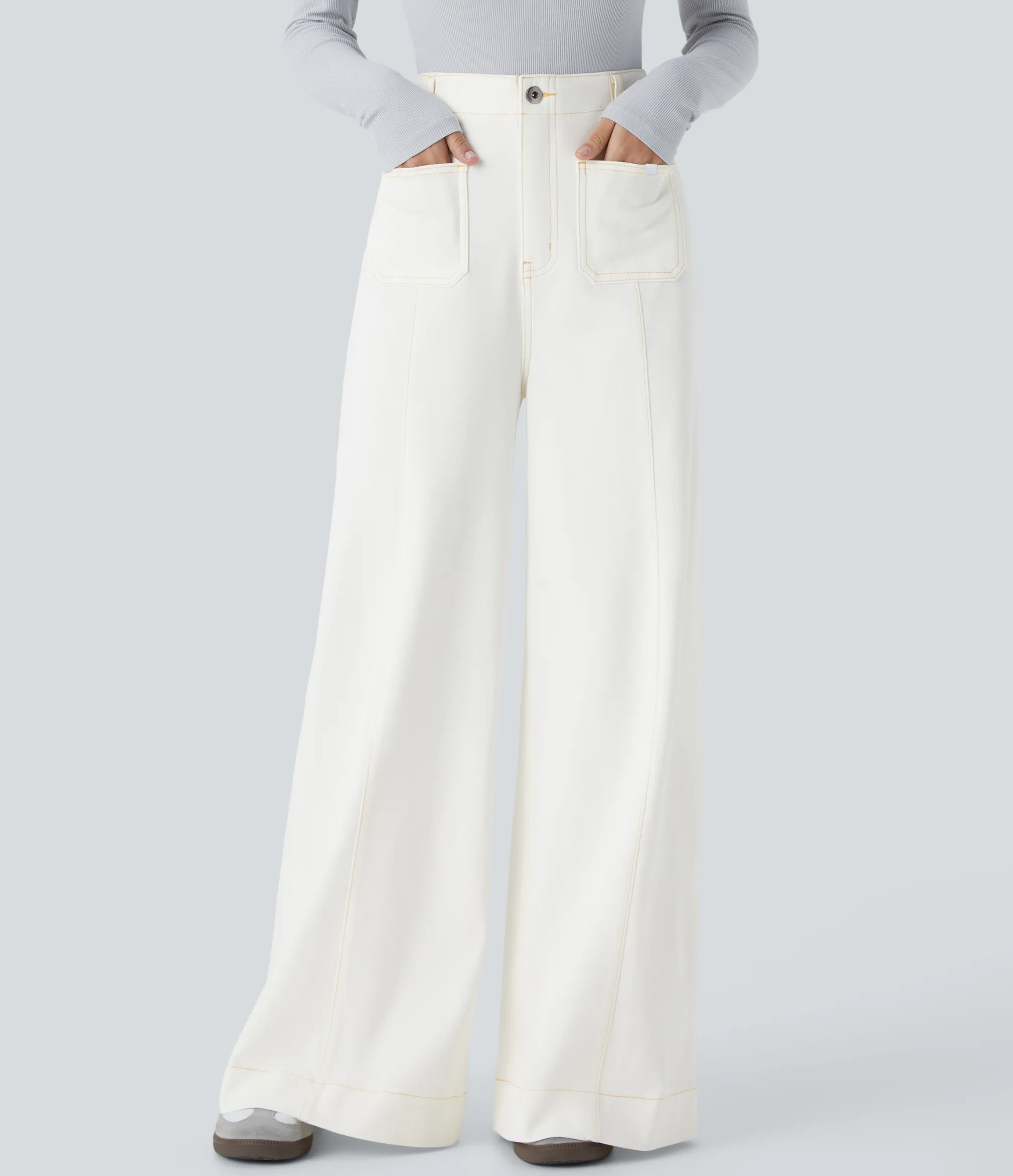 High Waisted Jeans|Wide Leg Jeans<HALARA Flex™ High Waisted Pockets Washed Casual Wide Leg Jeans