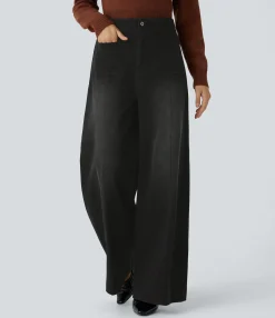 High Waisted Jeans|Wide Leg Jeans<HALARA Flex™ High Waisted Pockets Washed Casual Wide Leg Jeans
