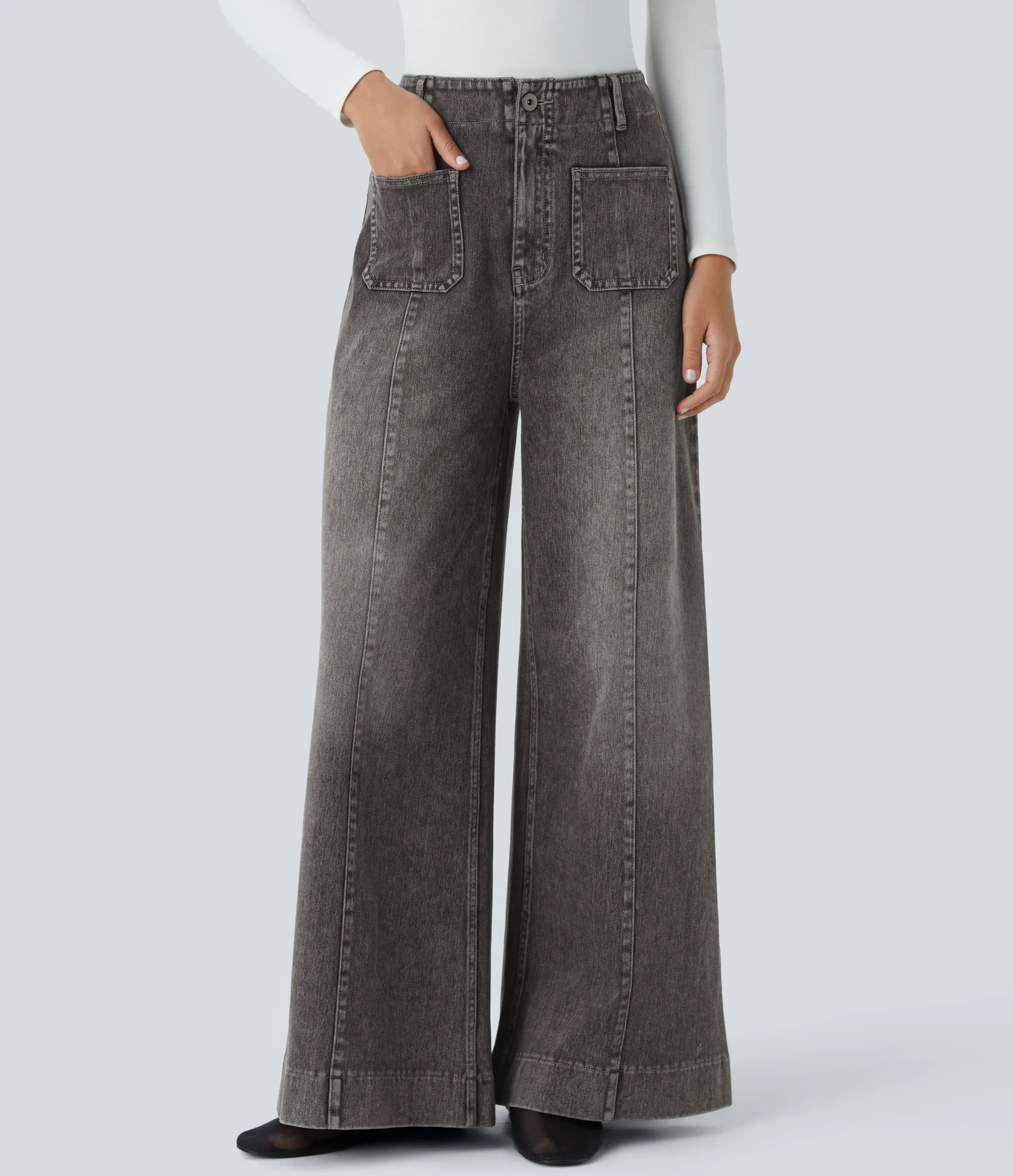 High Waisted Jeans|Wide Leg Jeans<HALARA Flex™ High Waisted Pockets Washed Casual Wide Leg Jeans