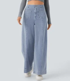 High Waisted Jeans|Wide Leg Jeans<HALARA Flex™ High Waisted Pockets Washed Casual Wide Leg Jeans