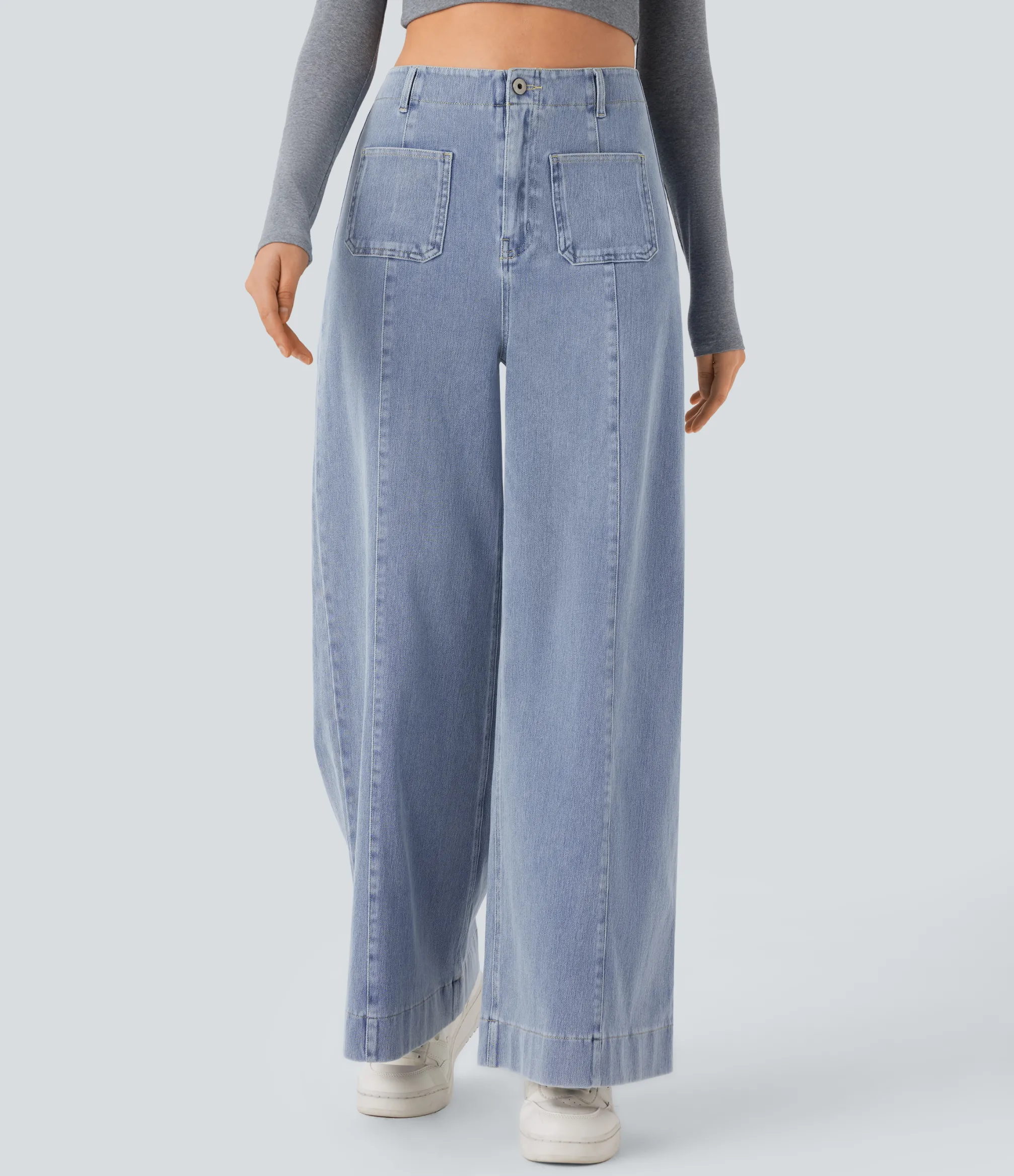 High Waisted Jeans|Wide Leg Jeans<HALARA Flex™ High Waisted Pockets Washed Casual Wide Leg Jeans