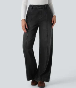 High Waisted Jeans|Wide Leg Jeans<HALARA Flex™ High Waisted Washed Casual Wide Leg Jeans with Pockets