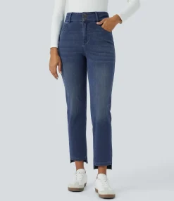 High Waisted Jeans|Straight-Leg Jeans<HALARA Flex™ High Waisted Zipper Pockets Straight Leg Washed Casual Jeans