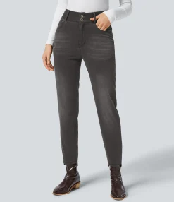High Waisted Jeans|Straight-Leg Jeans<HALARA Flex™ High Waisted Zipper Pockets Straight Leg Washed Casual Jeans