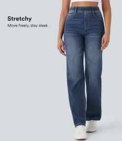 High Waisted Jeans|Straight-Leg Jeans<HALARA Flex™ High Waisted Pockets Straight Leg Washed Casual Jeans