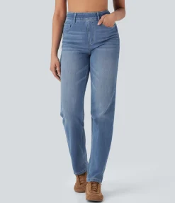 High Waisted Jeans|Straight-Leg Jeans<HALARA Flex™ High Waisted Pockets Straight Leg Washed Casual Jeans