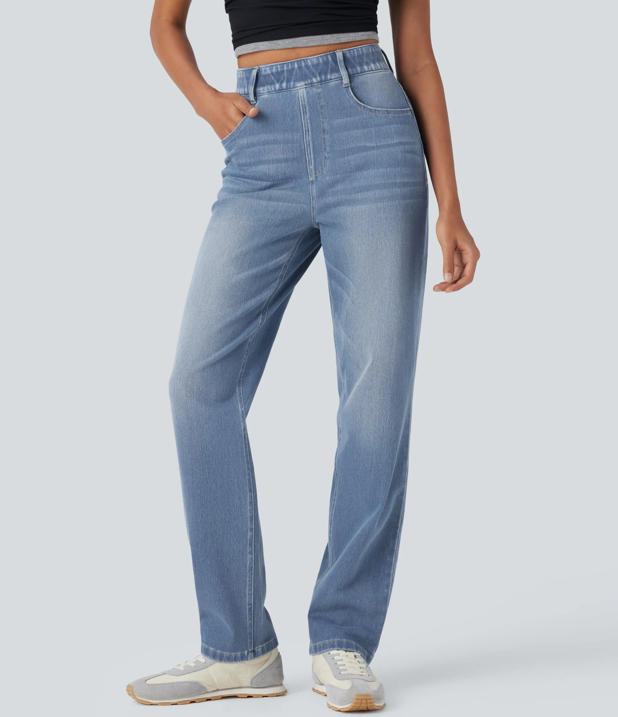 High Waisted Jeans|Straight-Leg Jeans<HALARA Flex™ High Waisted Pockets Straight Leg Washed Casual Jeans