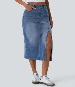 Denim Skirts|Straight-Leg Jeans<HALARA Flex™ High Waisted Pockets Straight Midi Washed Denim Casual Skirt