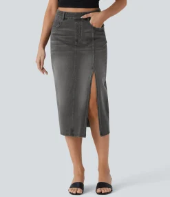 Denim Skirts|Straight-Leg Jeans<HALARA Flex™ High Waisted Pockets Straight Midi Washed Denim Casual Skirt