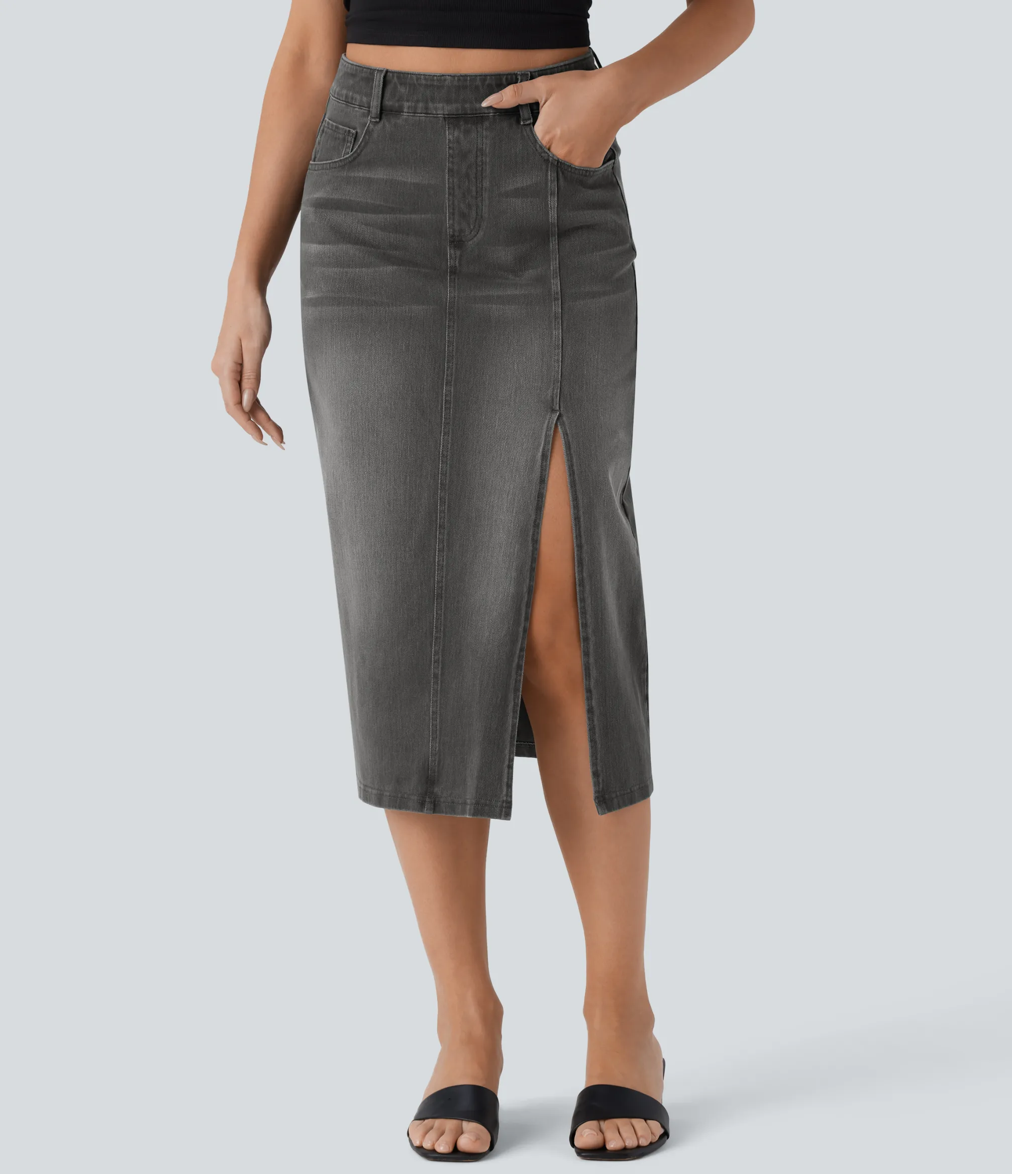 Denim Skirts|Straight-Leg Jeans<HALARA Flex™ High Waisted Pockets Straight Midi Washed Denim Casual Skirt