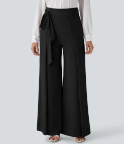 High-Waisted Pants|Work Pants<HALARA Flex™ High Waisted Belted Pocket Wide Leg Micro Waffle Work Pants