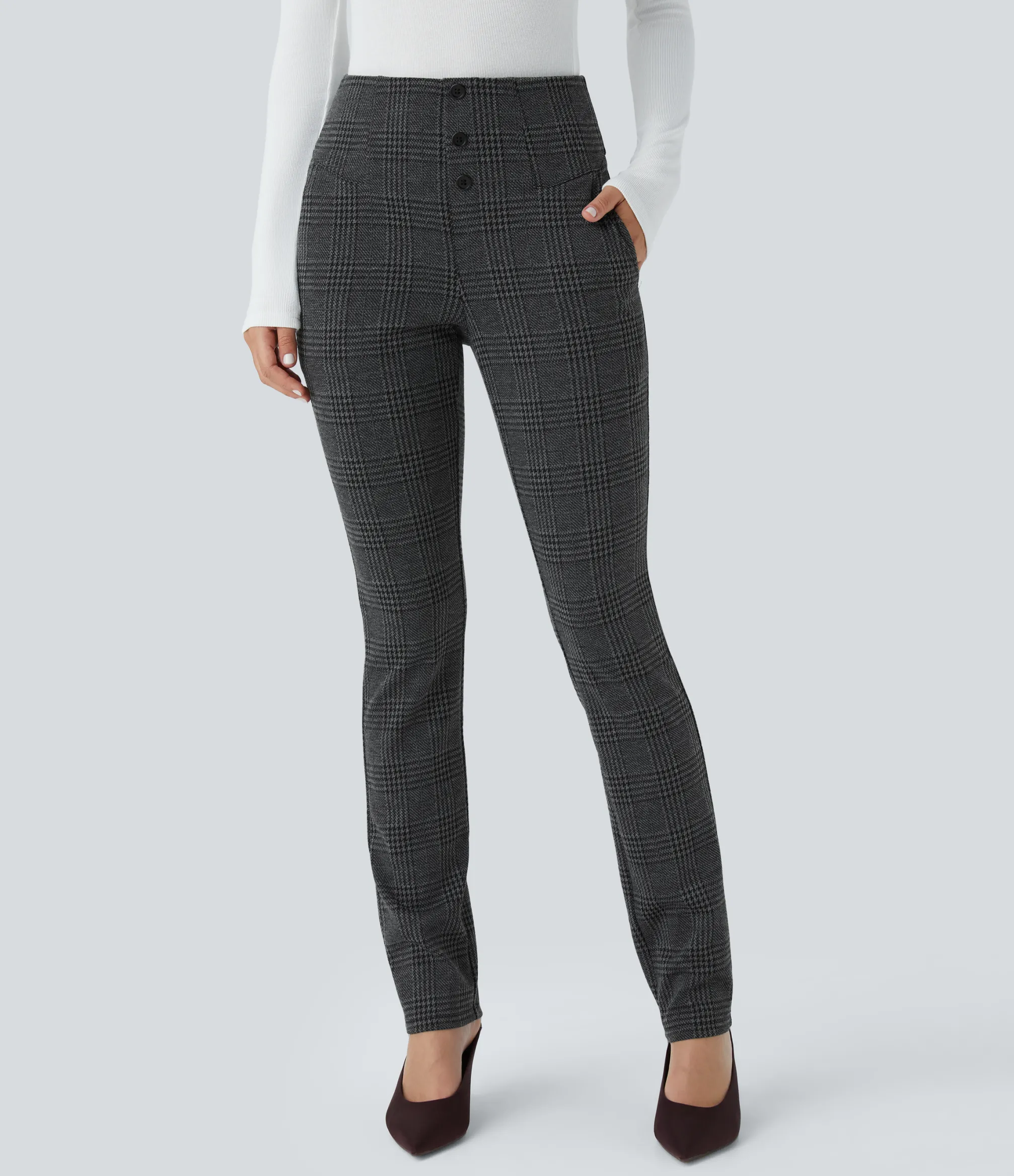 High-Waisted Pants|Halara Flex™ Pant<HALARA Flex™ High Waisted Decorative Pocket Houndstooth Plaid Skinny Work Pants