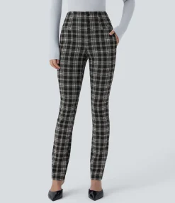 High-Waisted Pants|Halara Flex™ Pant<HALARA Flex™ High Waisted Decorative Pocket Houndstooth Plaid Skinny Work Pants