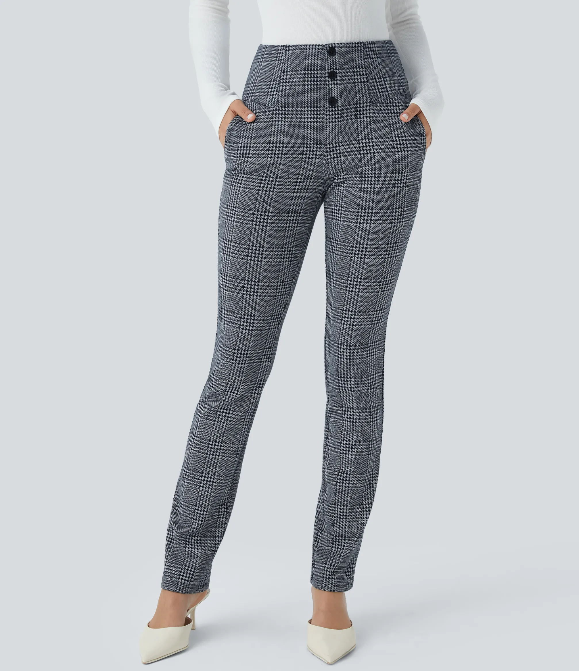 High-Waisted Pants|Halara Flex™ Pant<HALARA Flex™ High Waisted Decorative Pocket Houndstooth Plaid Skinny Work Pants